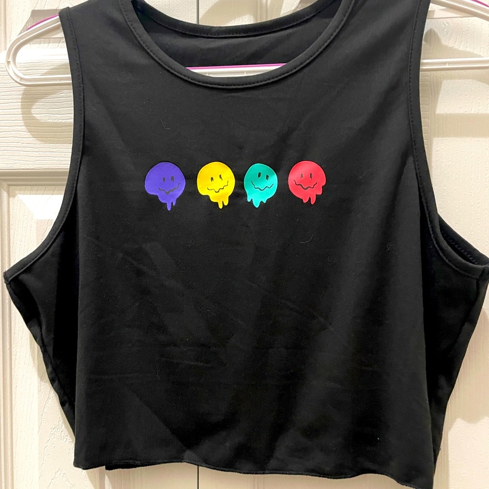 🦋Black Sleeveless crop Top with Colorful face Design 🆕